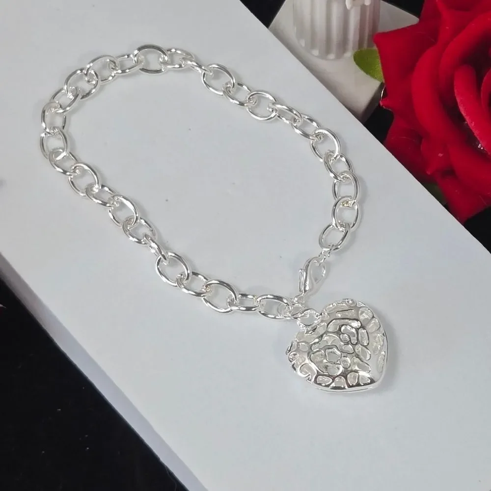 Puffy Filigree Heart Bracelet Stainless Steel Chunky Chain Love Romantic Gift